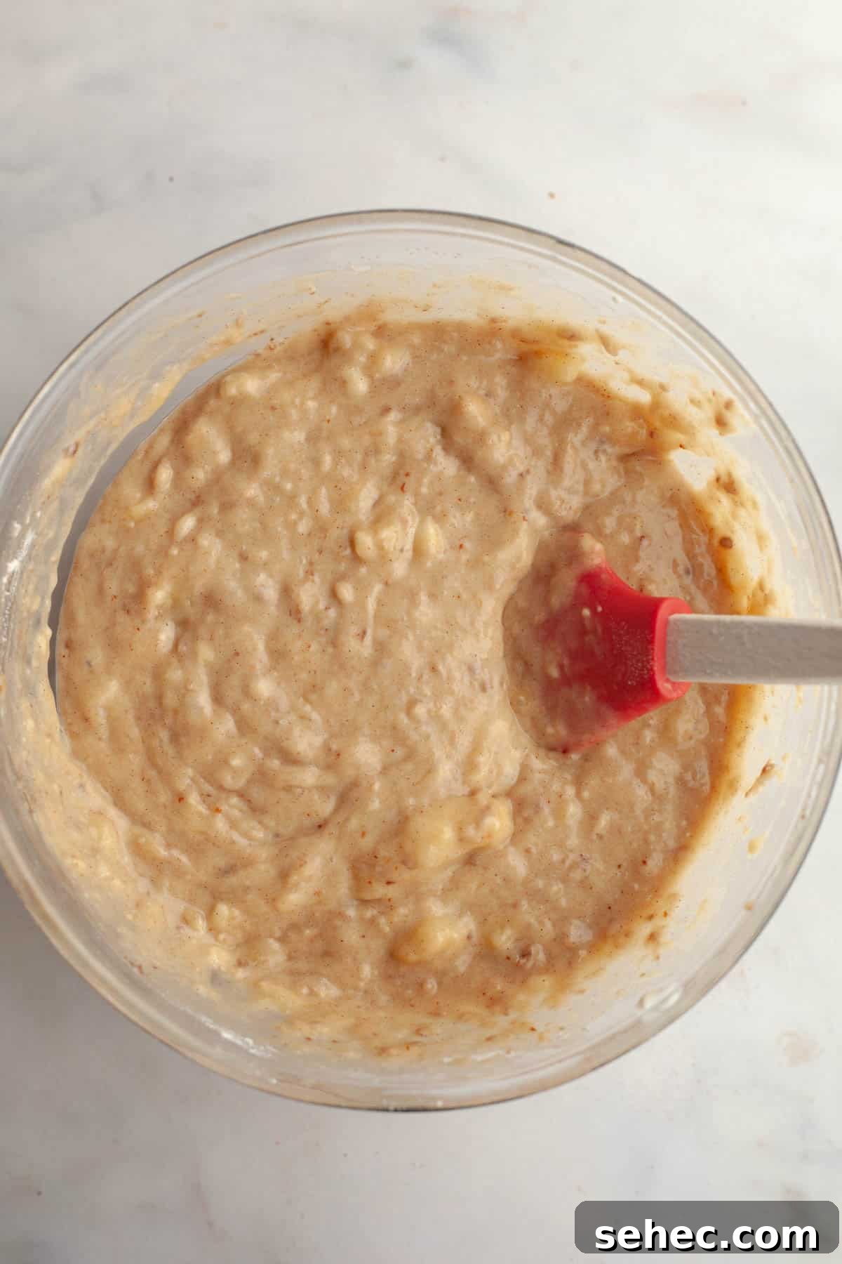 One Bowl Brown Butter Cinnamon Banana Bread with Pecans 6 Banana bread batter mixed with dry ingredients.
