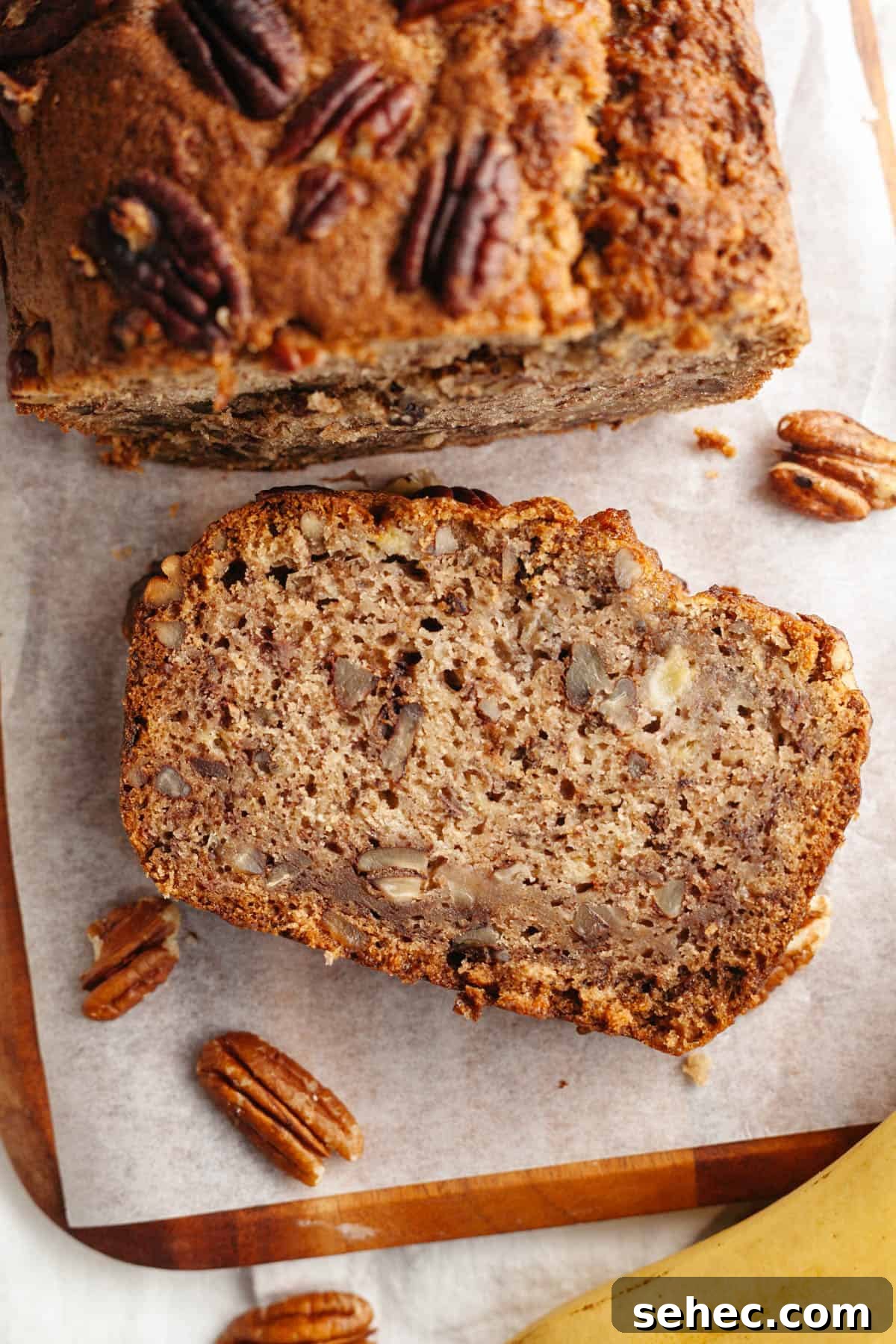 One Bowl Brown Butter Cinnamon Banana Bread with Pecans 10 Freshly baked banana bread with pecans.