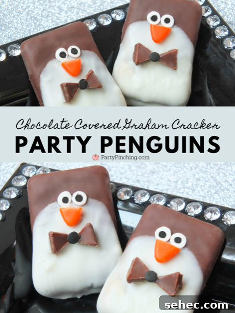 Party Penguin Graham Cracker Cookies 2 Chocolate covered graham cracker party penguins, black tie party penguin cookies, New Year's Eve party desserts, easy no-bake penguin cookies, cute penguin cookies, chocolate covered graham cracker cookies