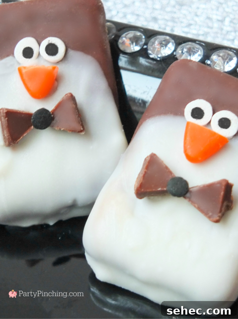 Party Penguin Graham Cracker Cookies 3 Chocolate covered graham cracker party penguins, black tie party penguin cookies, New Year's Eve party desserts, easy no-bake penguin cookies, cute penguin cookies, chocolate covered graham cracker cookies