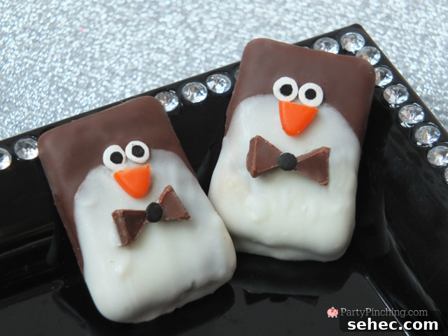 Party Penguin Graham Cracker Cookies 5 Chocolate covered graham cracker party penguins, black tie party penguin cookies, New Year's Eve party desserts, easy no-bake penguin cookies, cute penguin cookies, chocolate covered graham cracker cookies