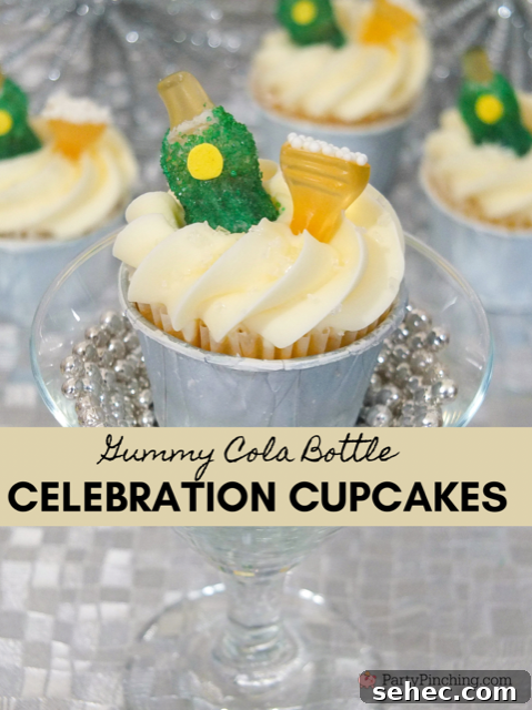 Party Penguin Graham Cracker Cookies 6 Gummy cola bottle celebration cupcakes, New Year cupcakes, New Year's Eve celebration cupcakes, champagne bottle cupcakes, easy champagne bottle cupcake toppers made from cola bottle gummies