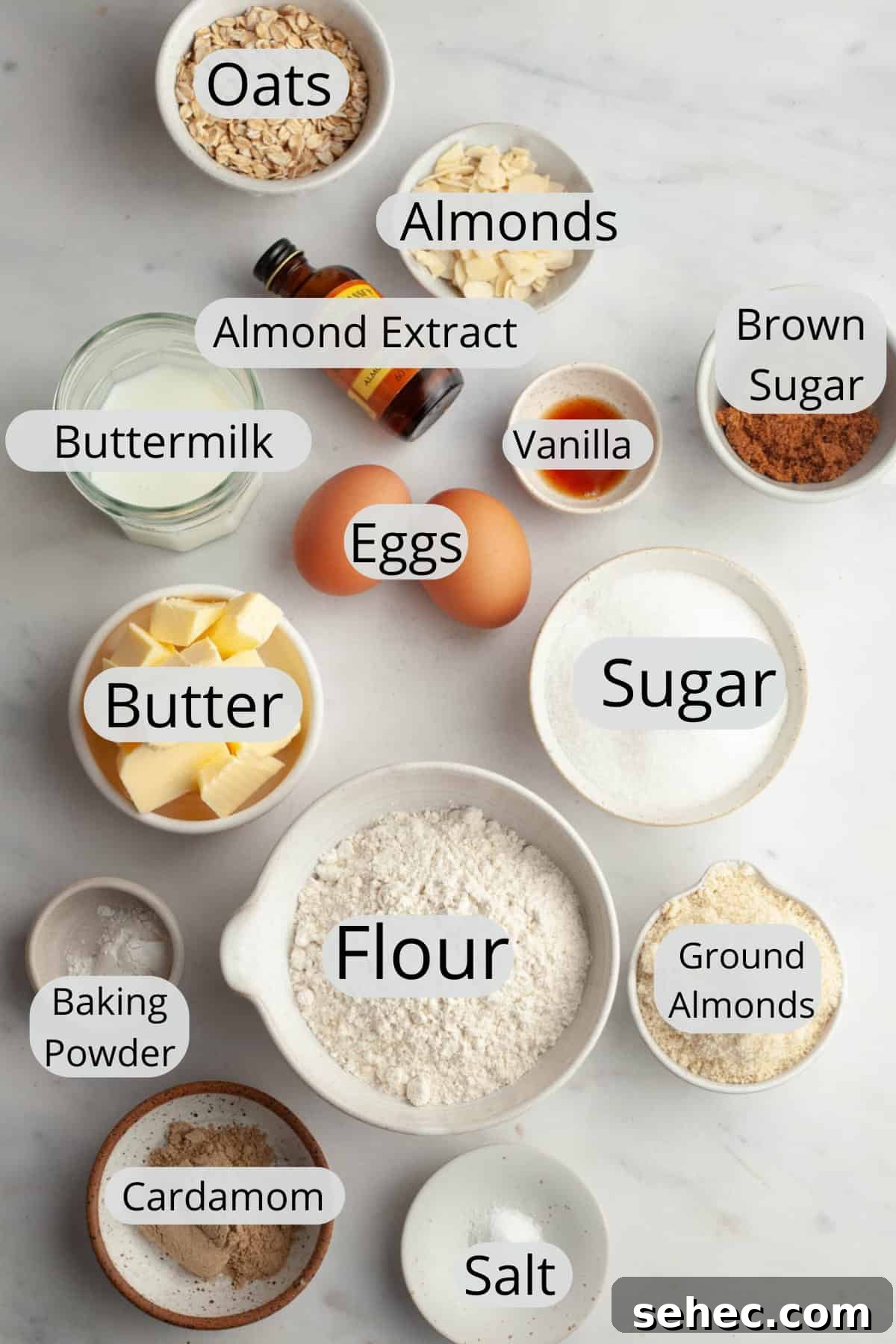 Brown Butter Cardamom Almond Cake Recipe 3 All the ingredients needed to make a cardamom almond cake, weighed out into small bowls.