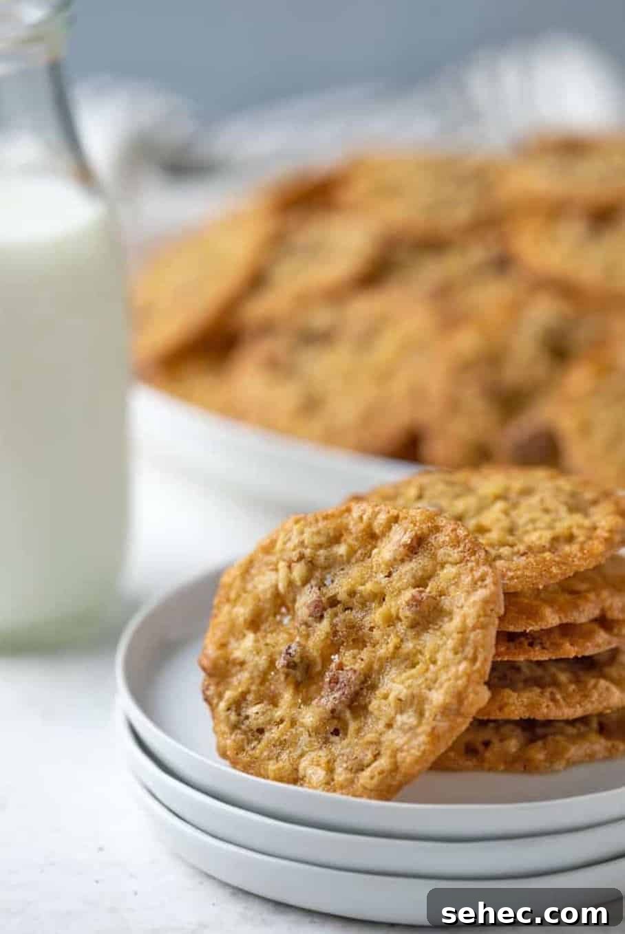 19 Big Batch Cookie Recipes for Parties and Crowds 12 Oatmeal cookies on a stack of plates on a counter, with a jar of milk.