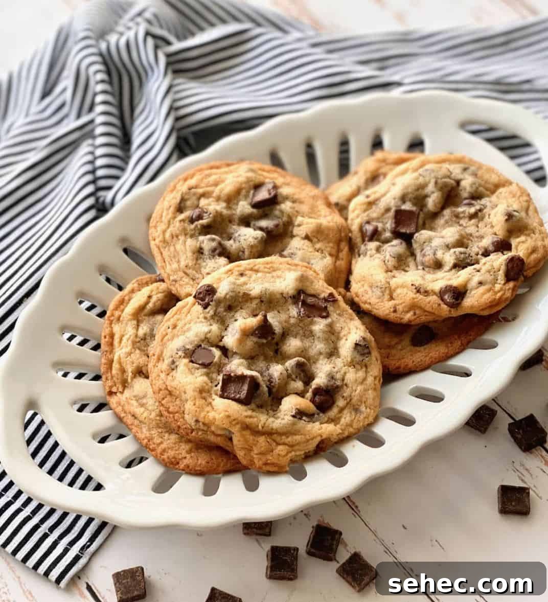 19 Big Batch Cookie Recipes for Parties and Crowds 3 Chocolate chip cookies in a basket on a counter with a blue striped towel.