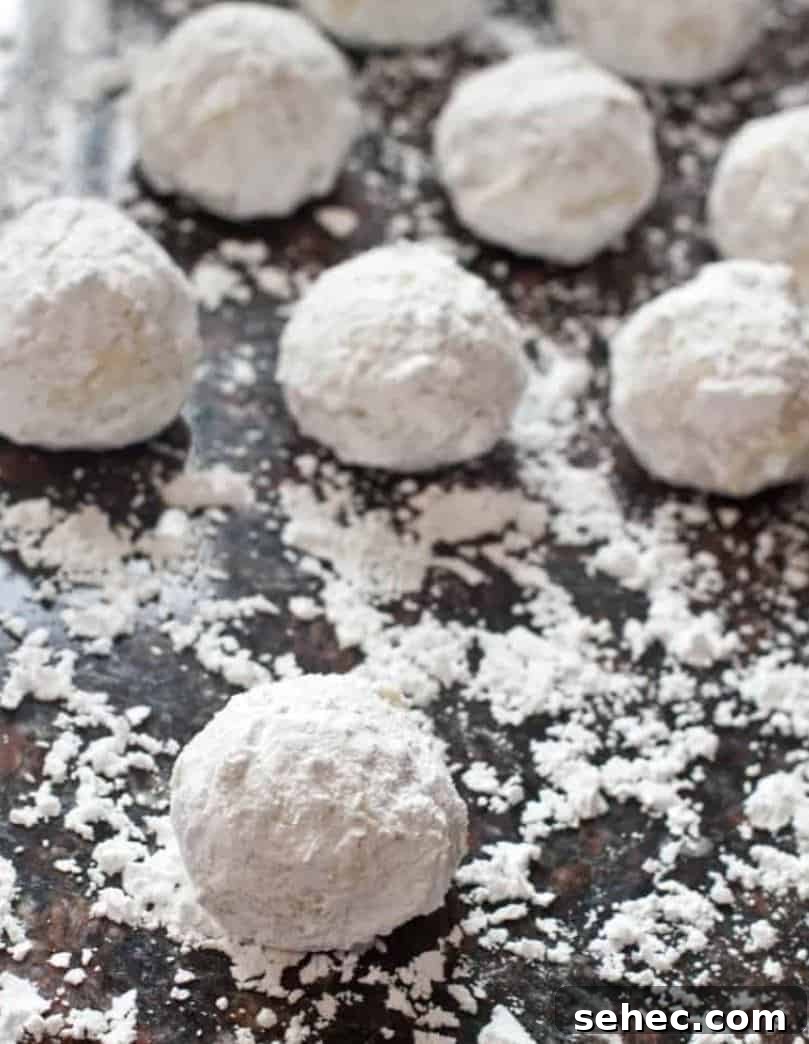 19 Big Batch Cookie Recipes for Parties and Crowds 6 White cookies balls with sprinkled icing sugar on a black counter.