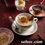 Creamy Sahlab Recipe for a Cozy Middle Eastern Drink 5 Warm milk pudding in a cup topped with nuts and ground cinnamon.