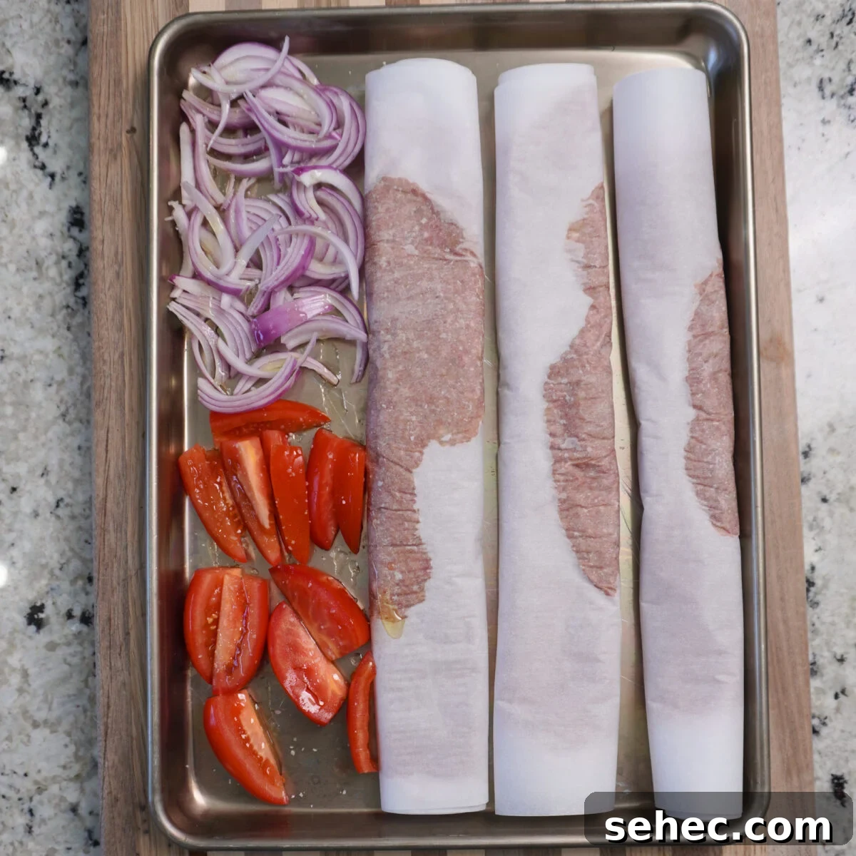 Sheet Pan Beef Kebabs with Vegetables 6 Sheet pan beef kebabs with all ingredients ready to be baked.