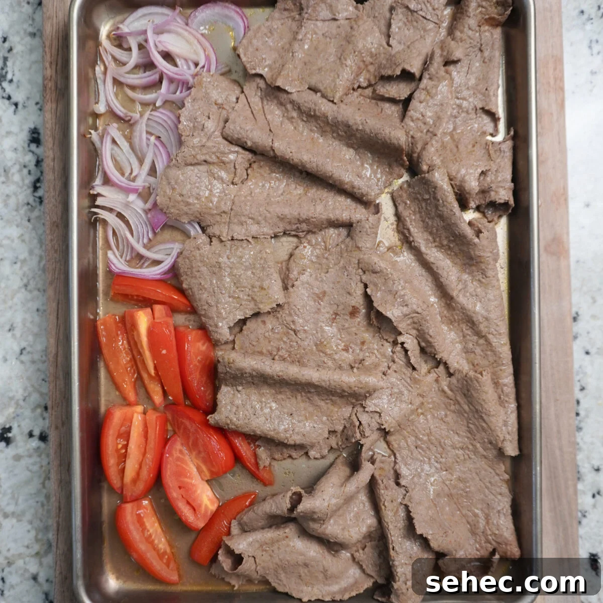 Sheet Pan Beef Kebabs with Vegetables 8 Baked sheet pan beef kebabs.