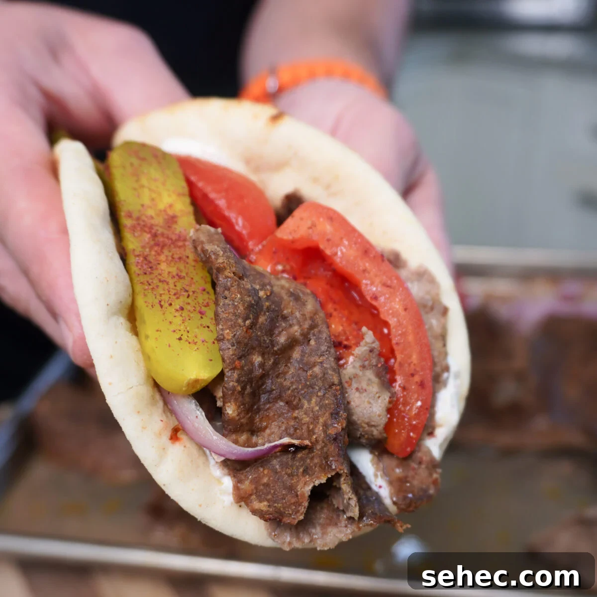 Sheet Pan Beef Kebabs with Vegetables 10 Sheet Pan Beef Kebabs packed and presented in a pita bread.