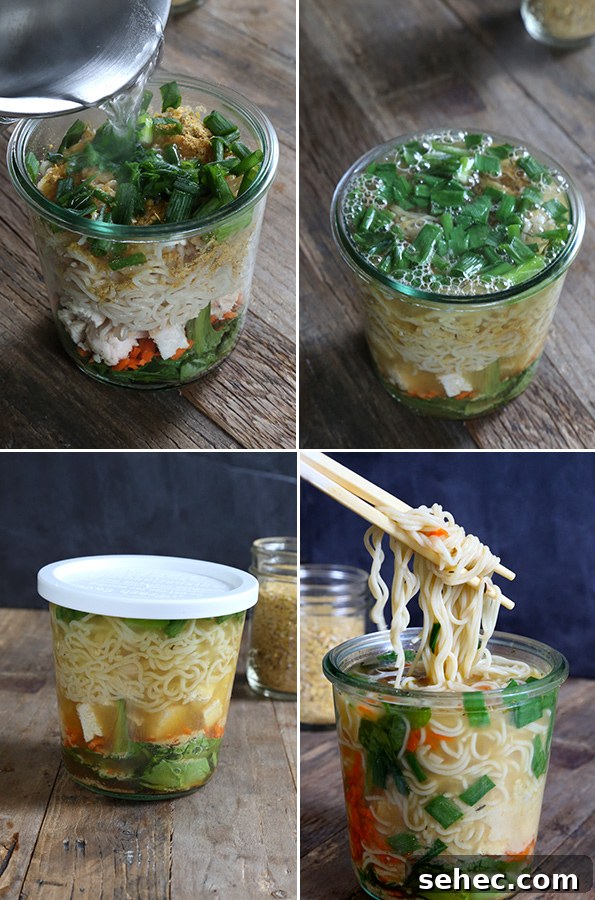 Gluten Free Ramen Recipe with Rich Broth 5 Images showing the steps to assembling a container of homemade gluten free ramen noodles.