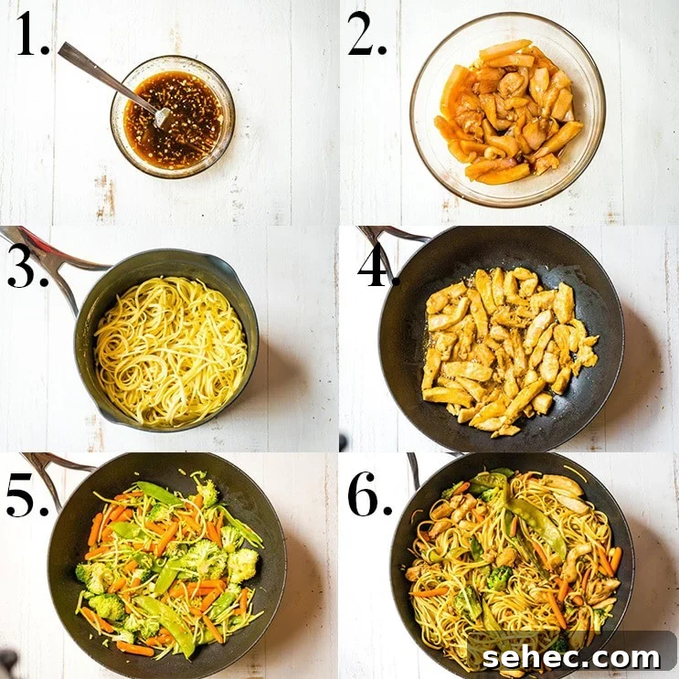 Sweet Chicken Lo Mein Recipe with Tender Noodles 3 Chicken Lo Mein Recipe photo collage of step-by-step instructions