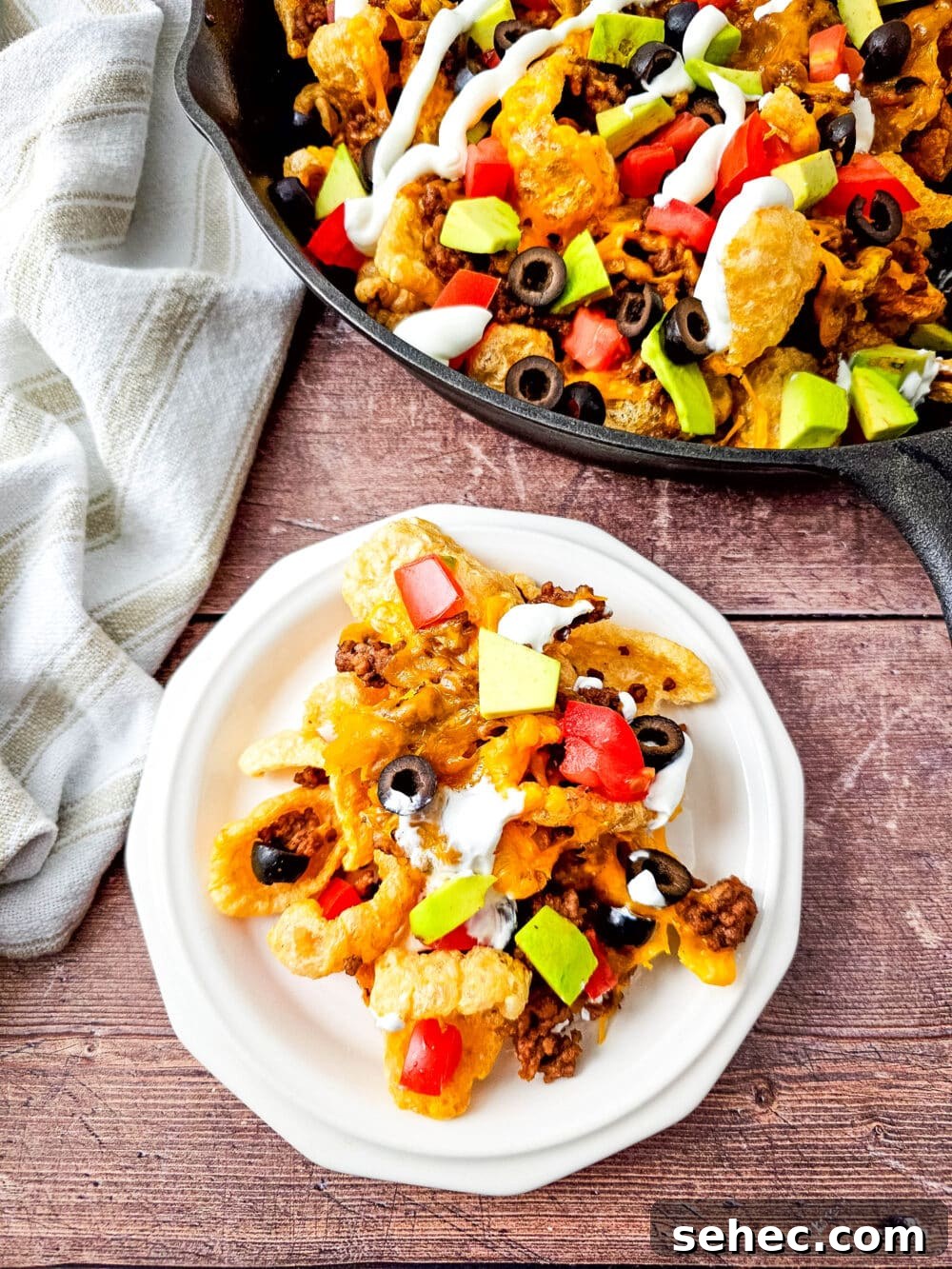 Cast Iron Skillet Pork Rind Nachos 15 Keto Pork Rind Nachos on a plate