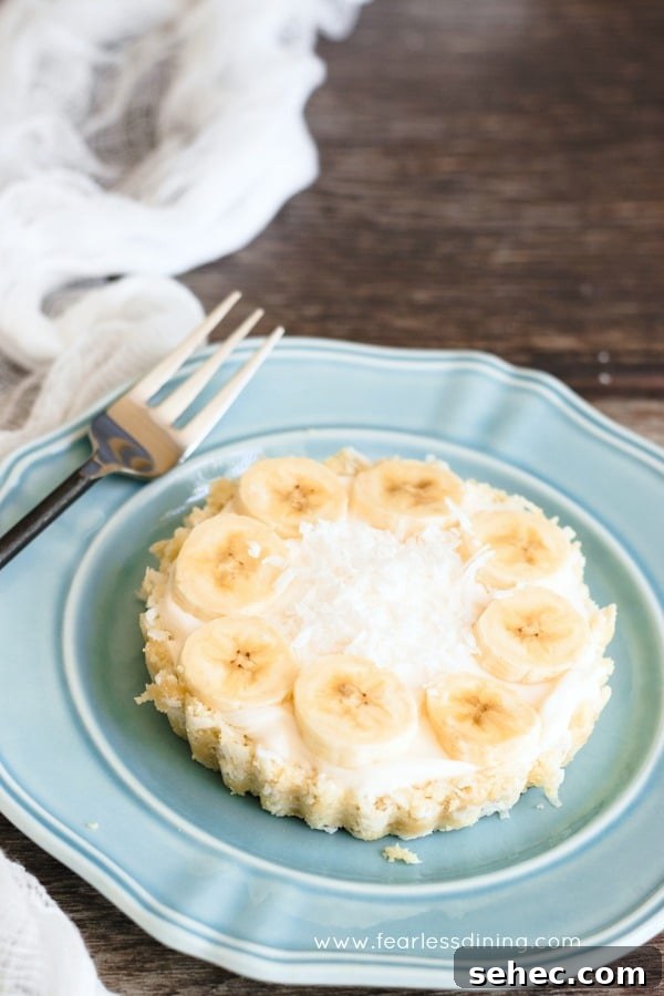 No-Bake Greek Yogurt Tart Recipe 2 A gluten free yogurt tart on a light blue plate.