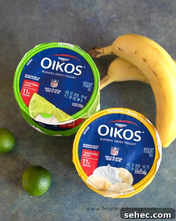 No-Bake Greek Yogurt Tart Recipe 3 Key lime and banana cream Oikos Greek Yogurt containers with bananas.