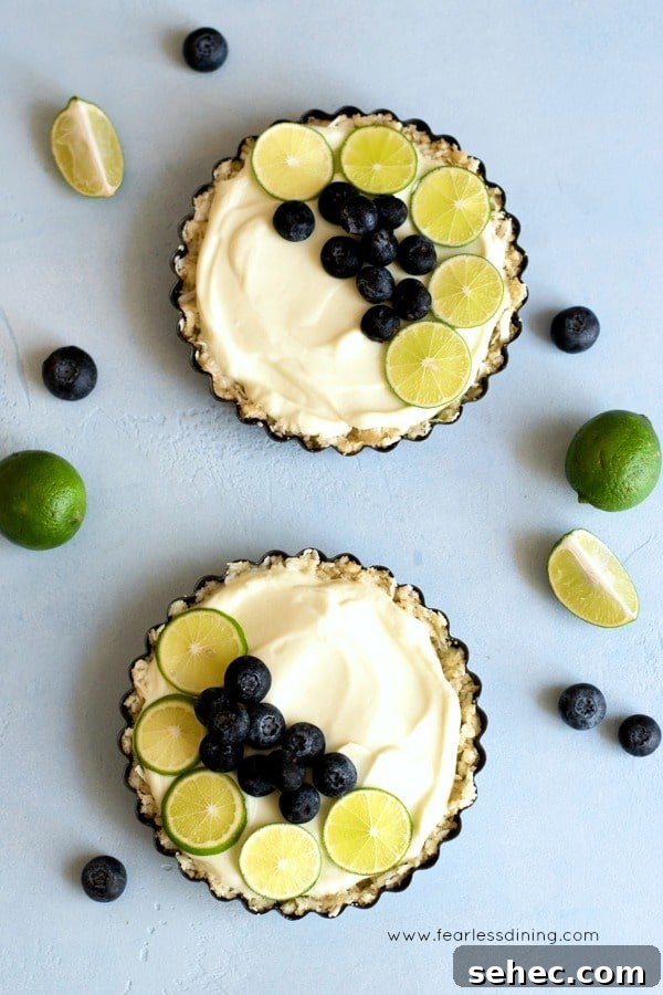 No-Bake Greek Yogurt Tart Recipe 5 The top view of two key lime gluten free breakfast tarts.