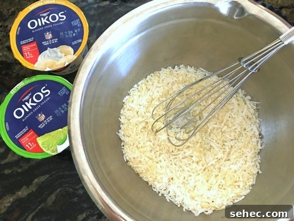 No-Bake Greek Yogurt Tart Recipe 6 Gluten free tart crust ingredients in a bowl with a whisk.