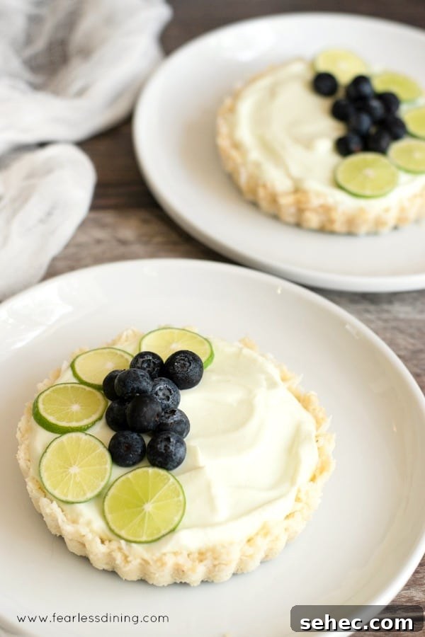 No-Bake Greek Yogurt Tart Recipe 9 Lime and blueberry topped yogurt tarts on two plates.
