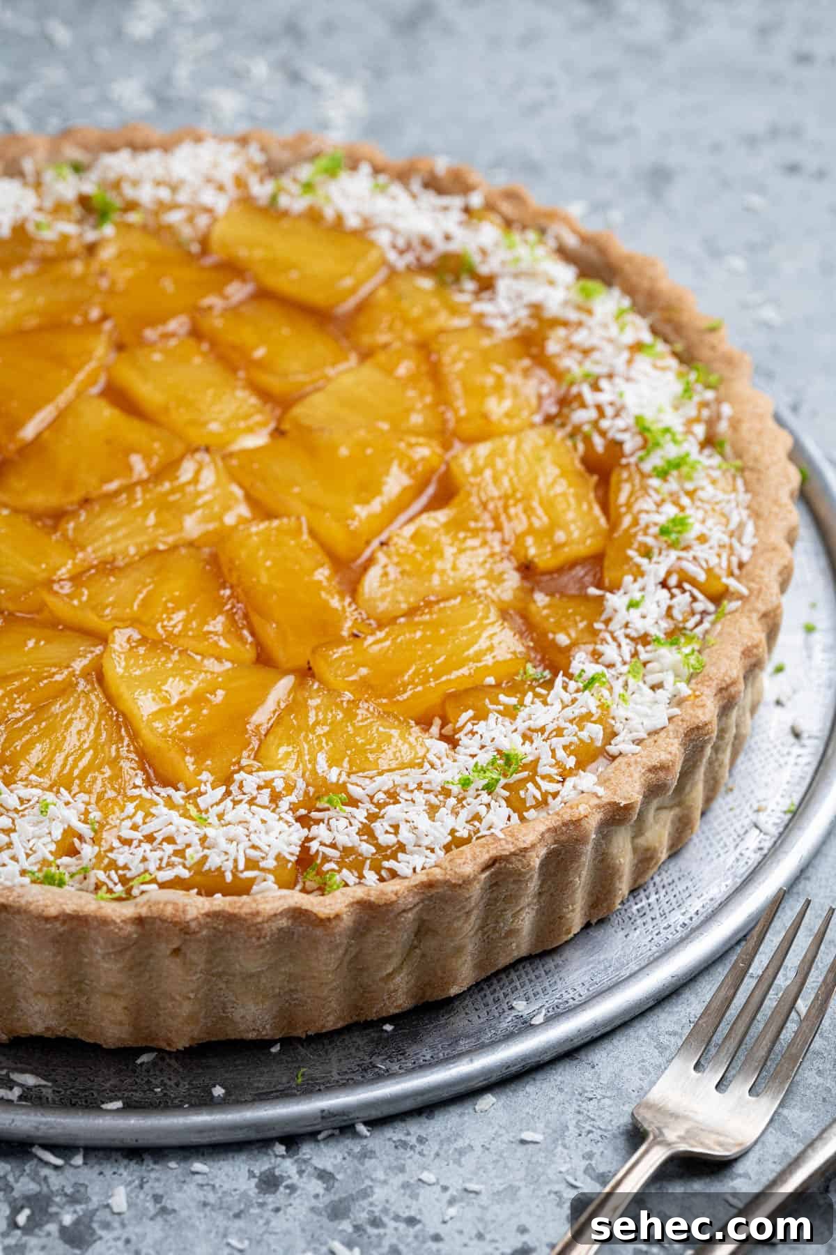 Vegan Caramelized Pineapple Coconut Tart 17 Close-up of the side of the vegan caramelised pineapple coconut tart.