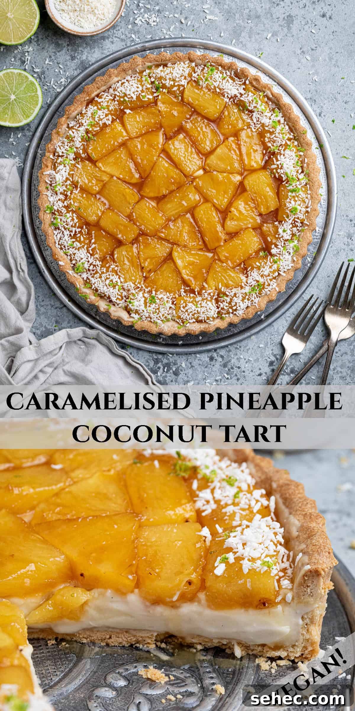 Vegan Caramelized Pineapple Coconut Tart 19 Pinterest collage image of the caramelised pineapple coconut tart.