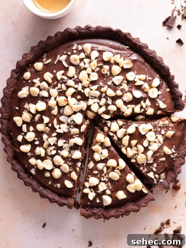 Ricotta and Sour Cherry Crostata 11 An overhead shot of a chocolate tart topped with hazelnuts