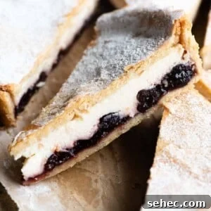 Ricotta and Sour Cherry Crostata 12 A close up of a a slice of ricotta and cherry tart.