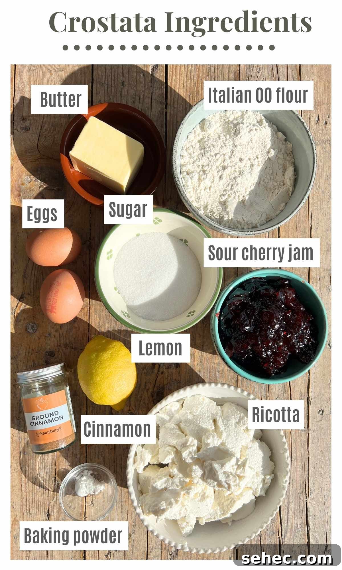 Ricotta and Sour Cherry Crostata 3 All the ingredients needed to make crostata ricotta e visciole on a wooden surface.