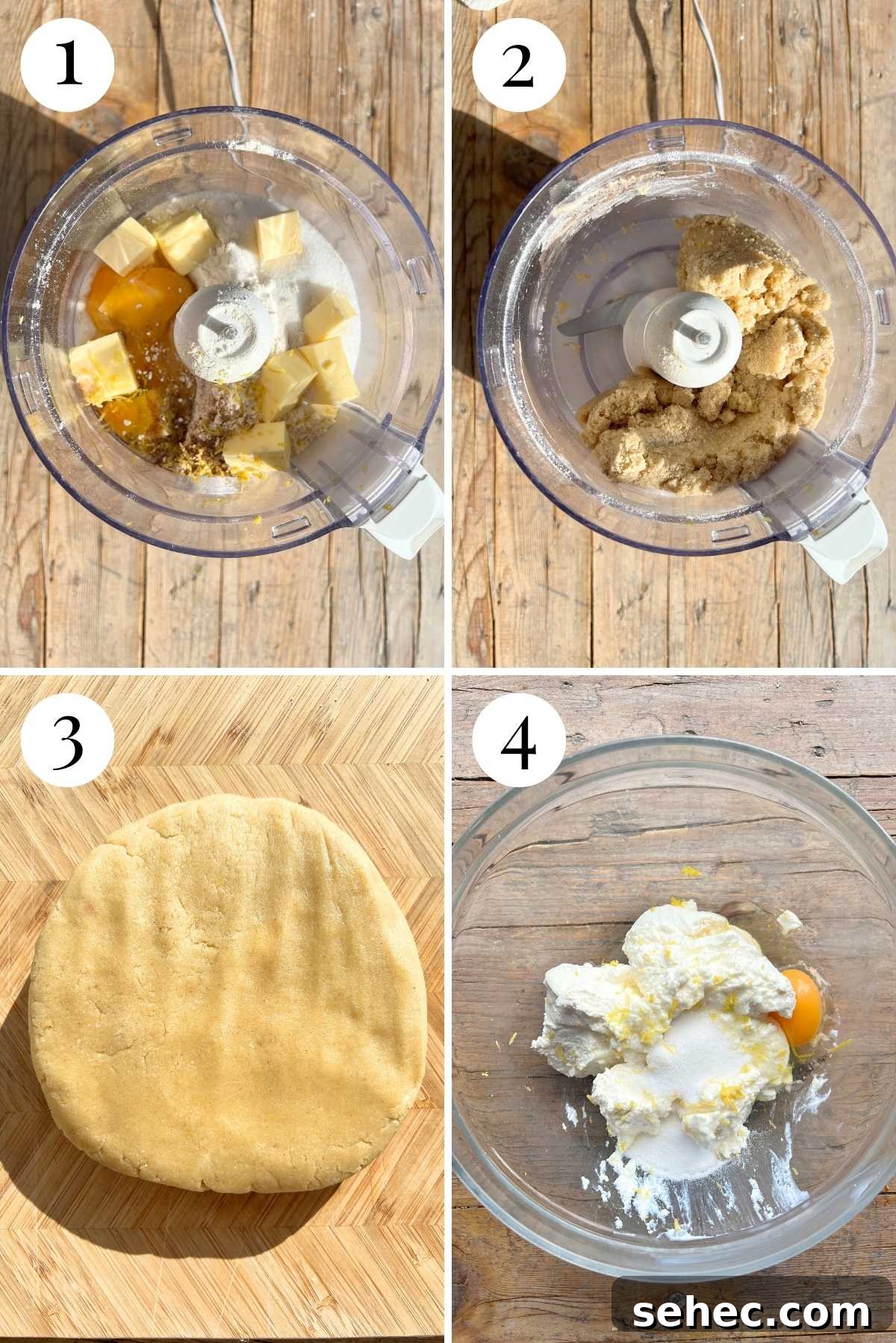 Ricotta and Sour Cherry Crostata 4 Four photos in a collage showing how to blitz pastry dough in a food processor, shape the dough for refrigeration and mix ricotta, eggs, sugar and lemon zest in a bowl.