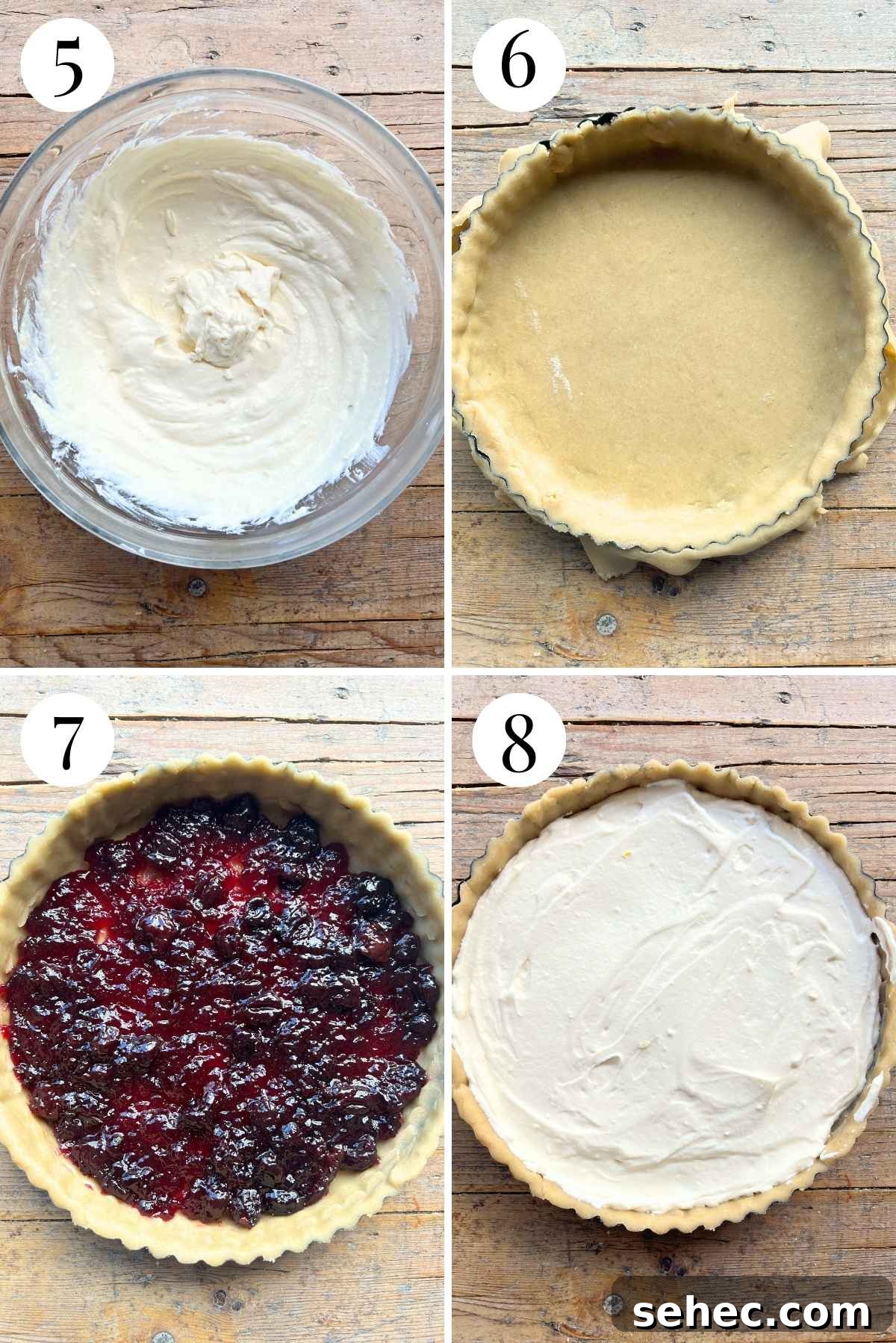 Ricotta and Sour Cherry Crostata 5 Four photos showing how to line a tart pan with pastry dough and fill it with jam and ricotta.