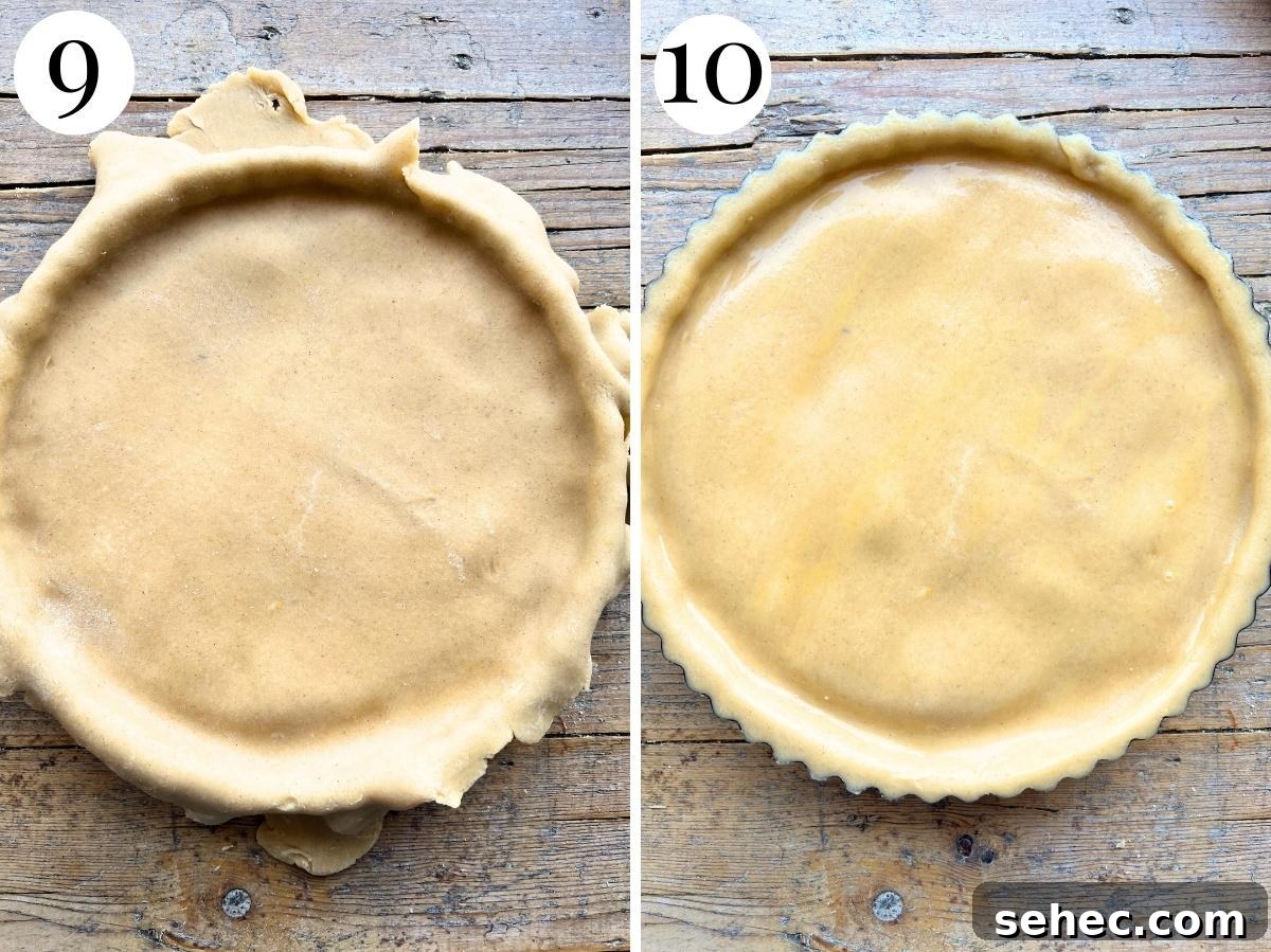 Ricotta and Sour Cherry Crostata 6 Two photos showing how to seal a pastry tart.