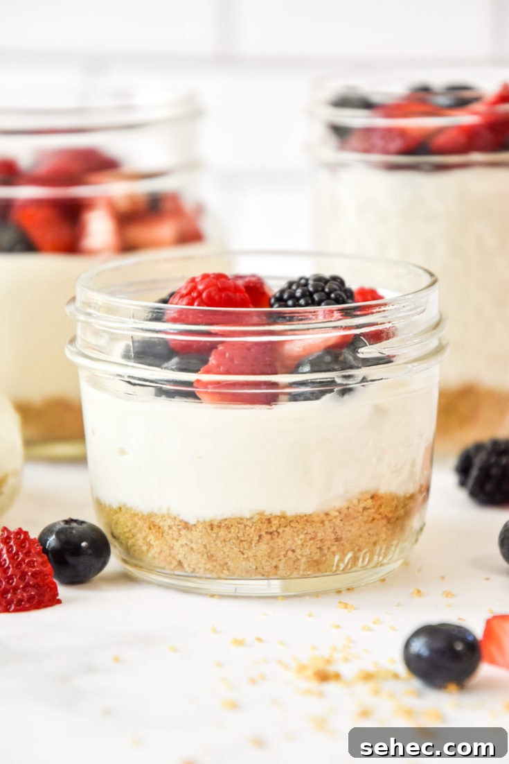 no-bake cheesecake Greek yogurt cups in mason jars.