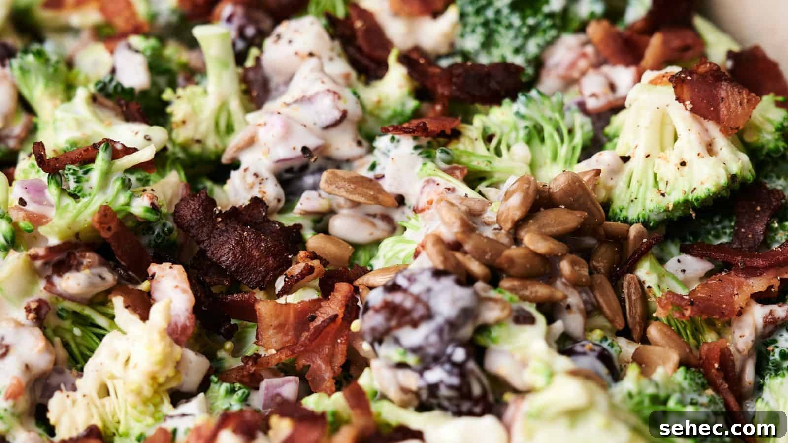 17 Budget Cookout Recipes That Save Room for Better Burgers 7 Close-up of a delightful broccoli salad with crispy bacon, sunflower seeds, and a creamy dressing. Mixed ingredients are visible in detail, showcasing the vibrant textures and colors of this fresh broccoli salad.