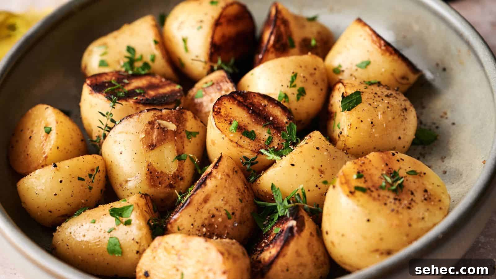 17 Budget Cookout Recipes That Save Room for Better Burgers 9 A bowl of roasted potato chunks garnished with chopped herbs and black pepper.