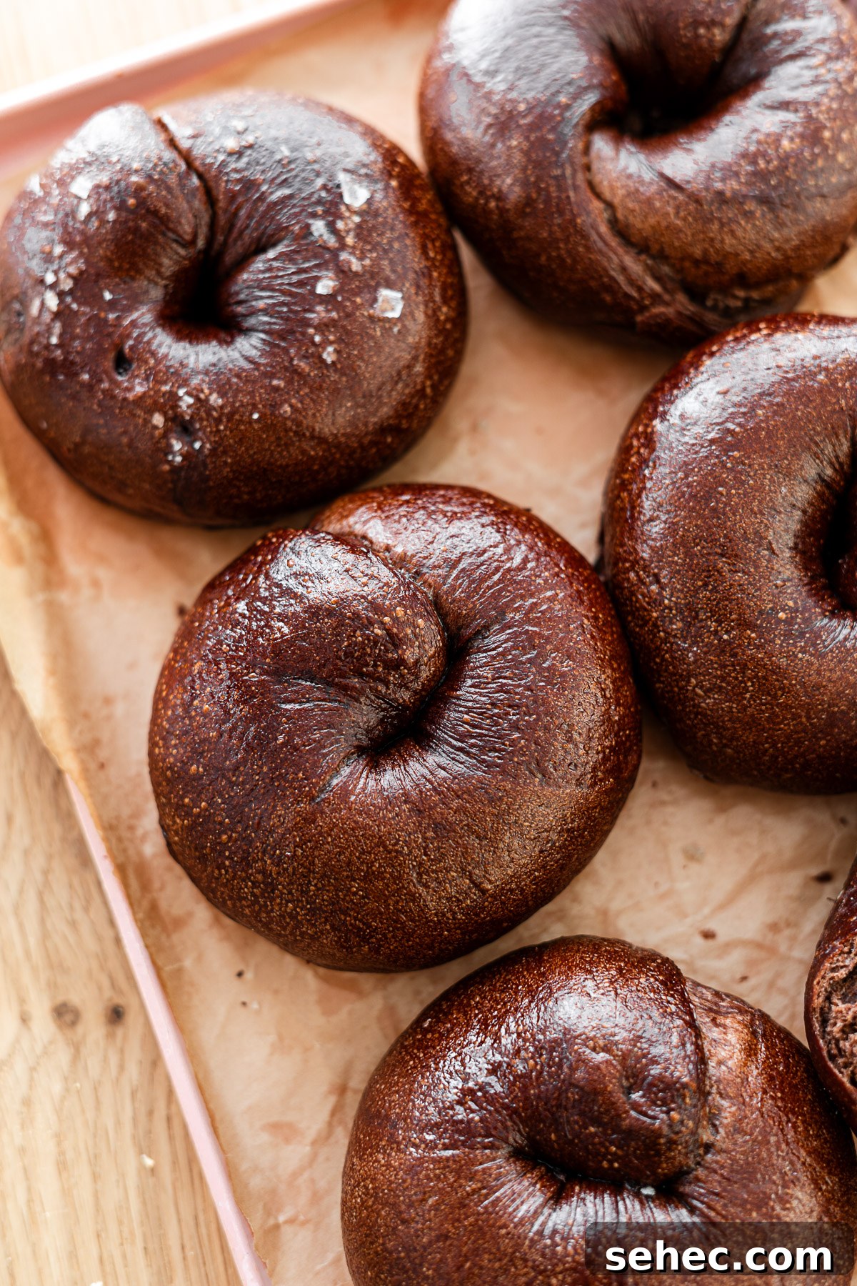 Homemade Chocolate Bagels with Rich Cocoa Flavor 2 chocolate bagels on parchment paper on a pink tray