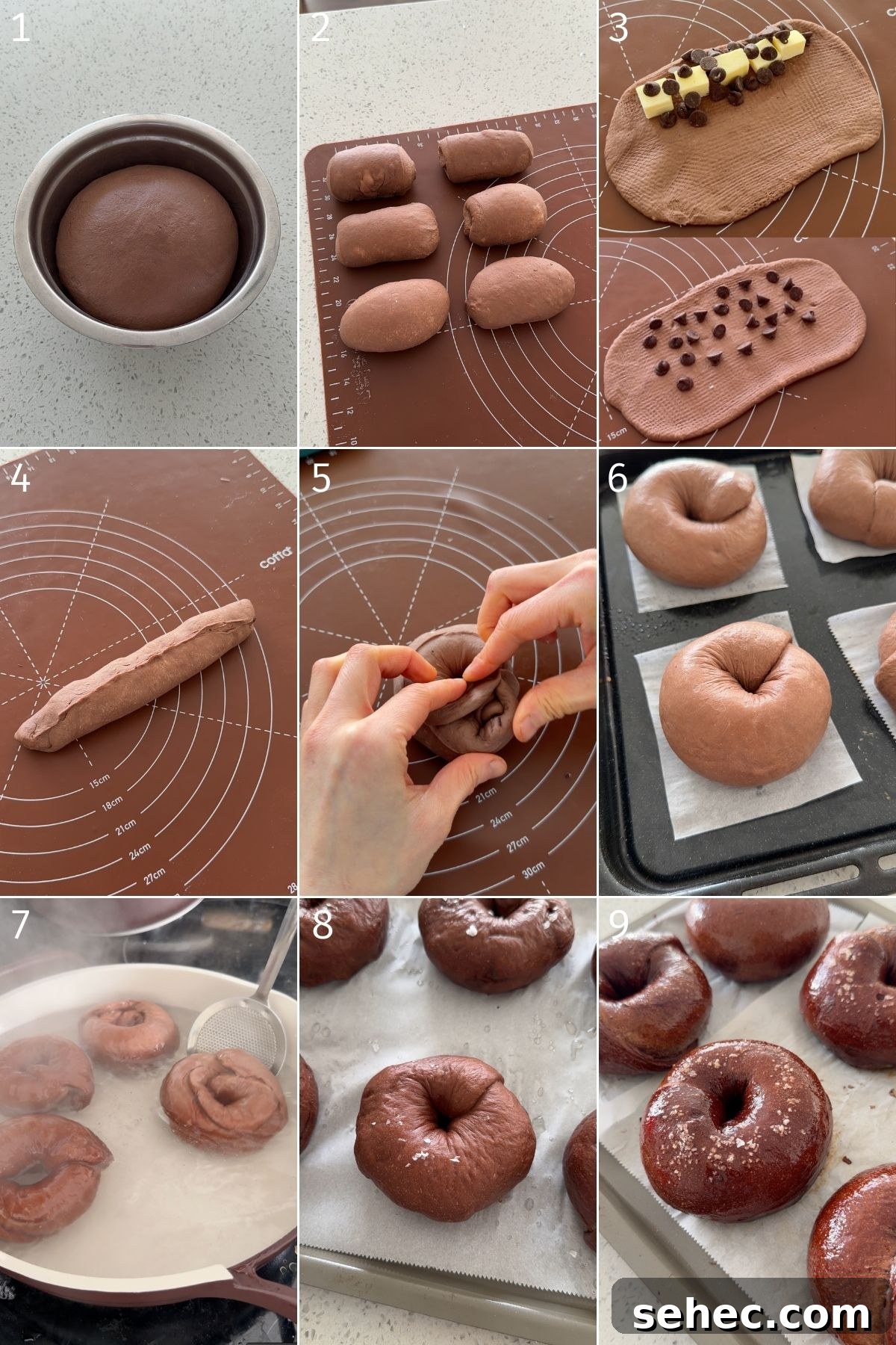 Homemade Chocolate Bagels with Rich Cocoa Flavor 4 butter and chocolate in chocolate dough, shaping japanese style chocolate bagels, boiling in water and baking