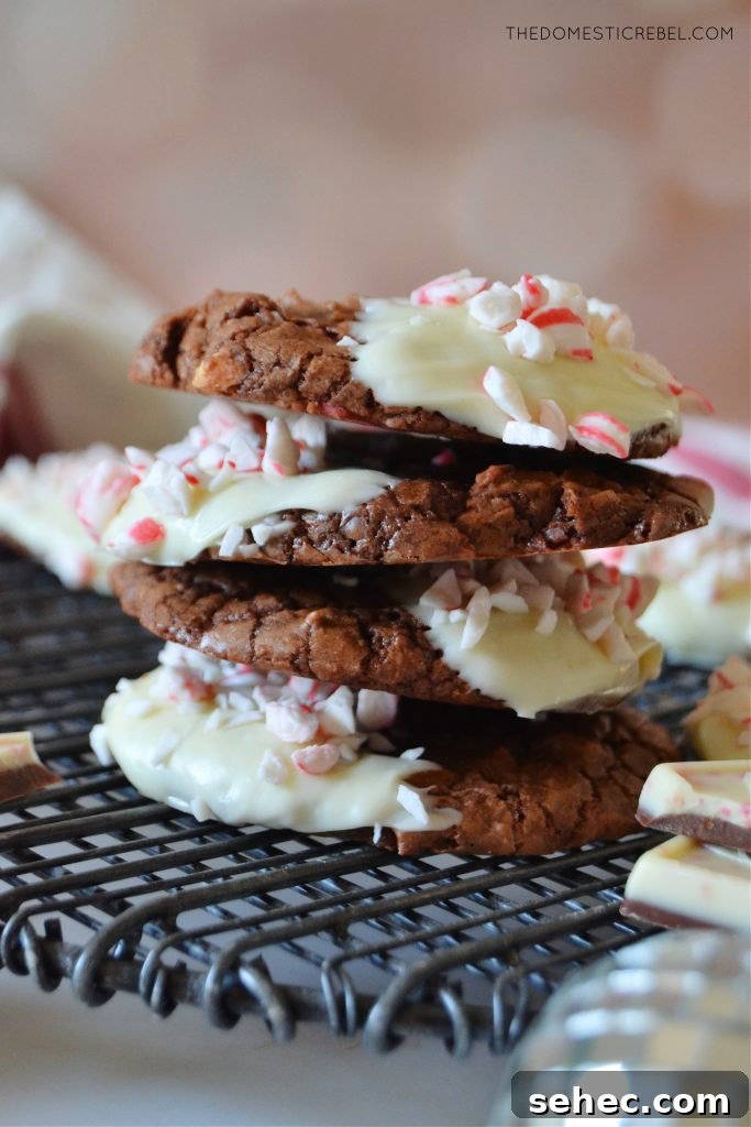 Peppermint Bark Brownie Cookies Recipe 3 a quad stack of peppermint bark brownie cookies on a black wire rack