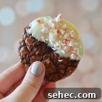 Peppermint Bark Brownie Cookies Recipe 5 the author holding a single peppermint bark brownie cookie up in the air to show detail on the cookie