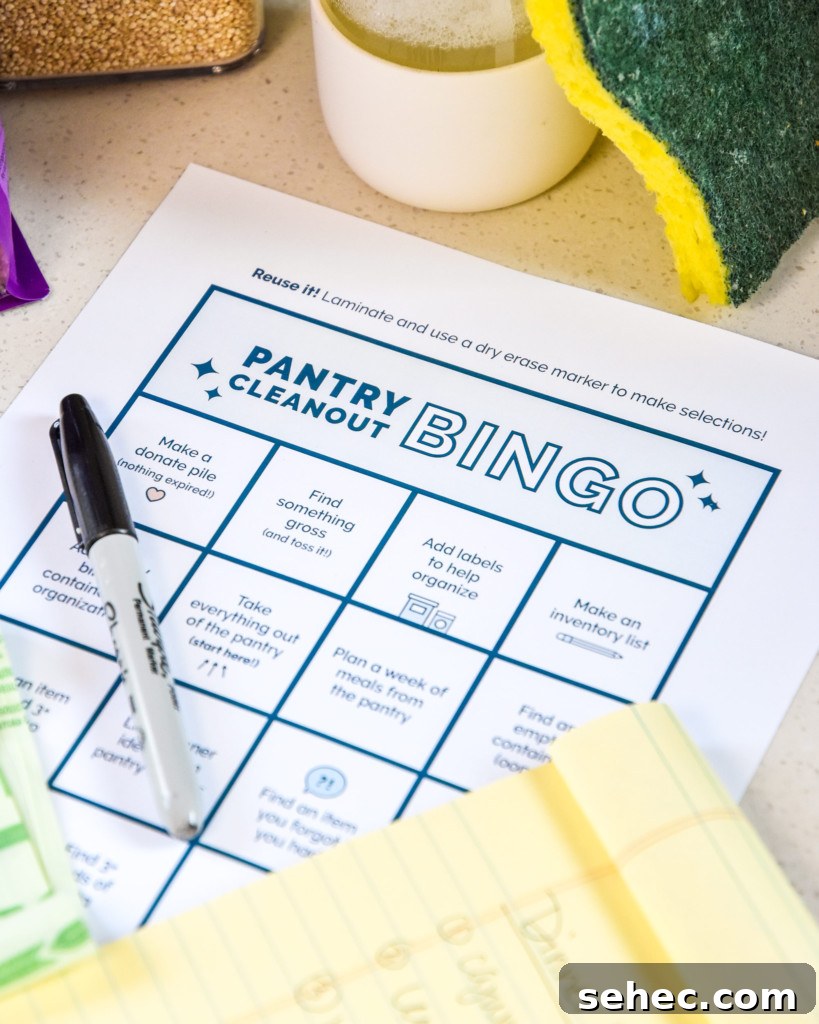 How to Play Pantry Cleanout Bingo and Declutter Your Kitchen 2 pantry cleanout bingo sheet with pantry cleaning supplies.