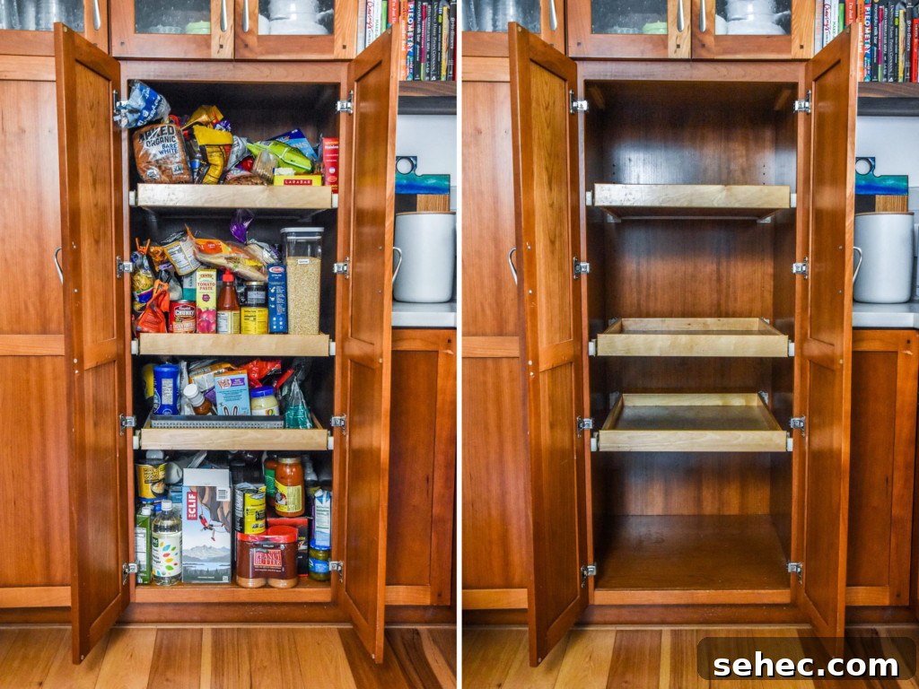 How to Play Pantry Cleanout Bingo and Declutter Your Kitchen 4 side by side of full and empty pantry.