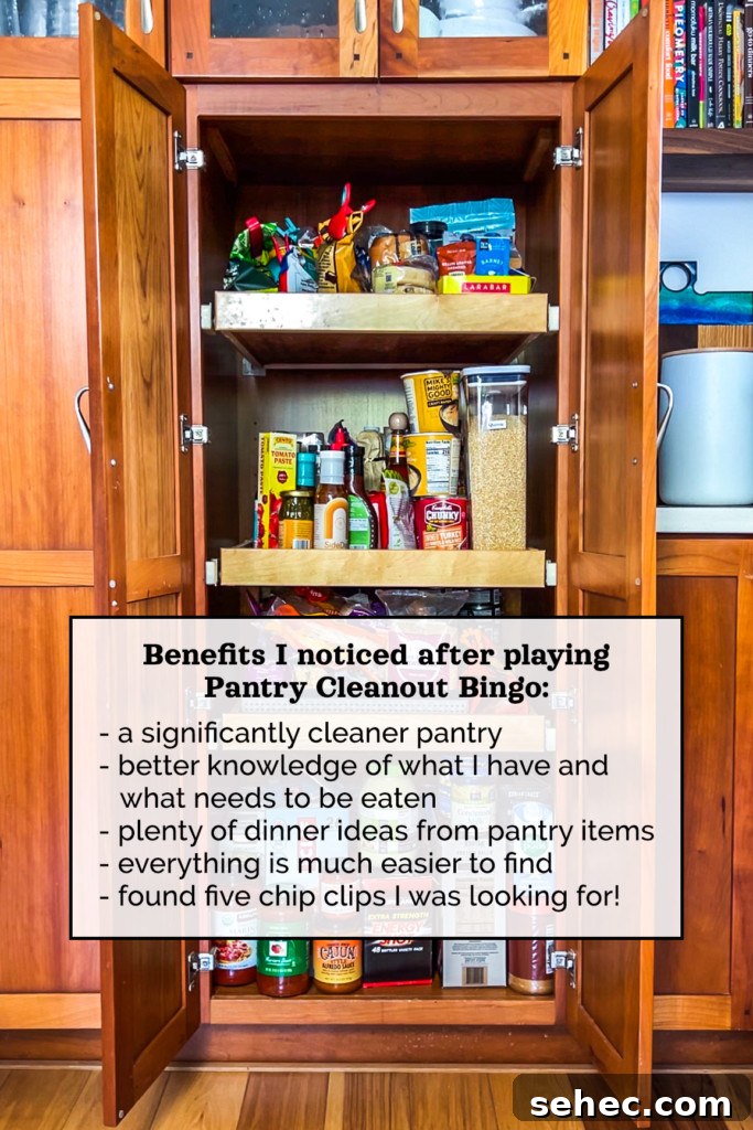 How to Play Pantry Cleanout Bingo and Declutter Your Kitchen 9 picture of a pantry after playing pantry cleanout bingo with text.