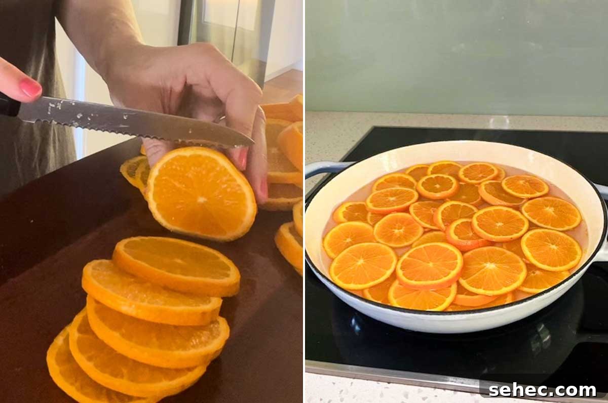 Chocolate Dipped Candied Orange Slices with Gift Tags 5 Collage showing someone slicing oranges thinly and then placing the slices in a pan with sugar syrup.