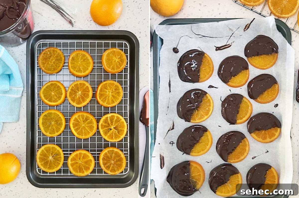 Chocolate Dipped Candied Orange Slices with Gift Tags 7 Collage showing candied orange slices drying on a wire rack and then dipped in chocolate on baking paper.