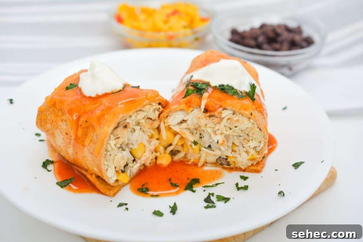 19 Weeknight Dinner Recipes You’ll Want to Cook Again 20 Chicken wet burrito with salsa and sour cream on a white plate.