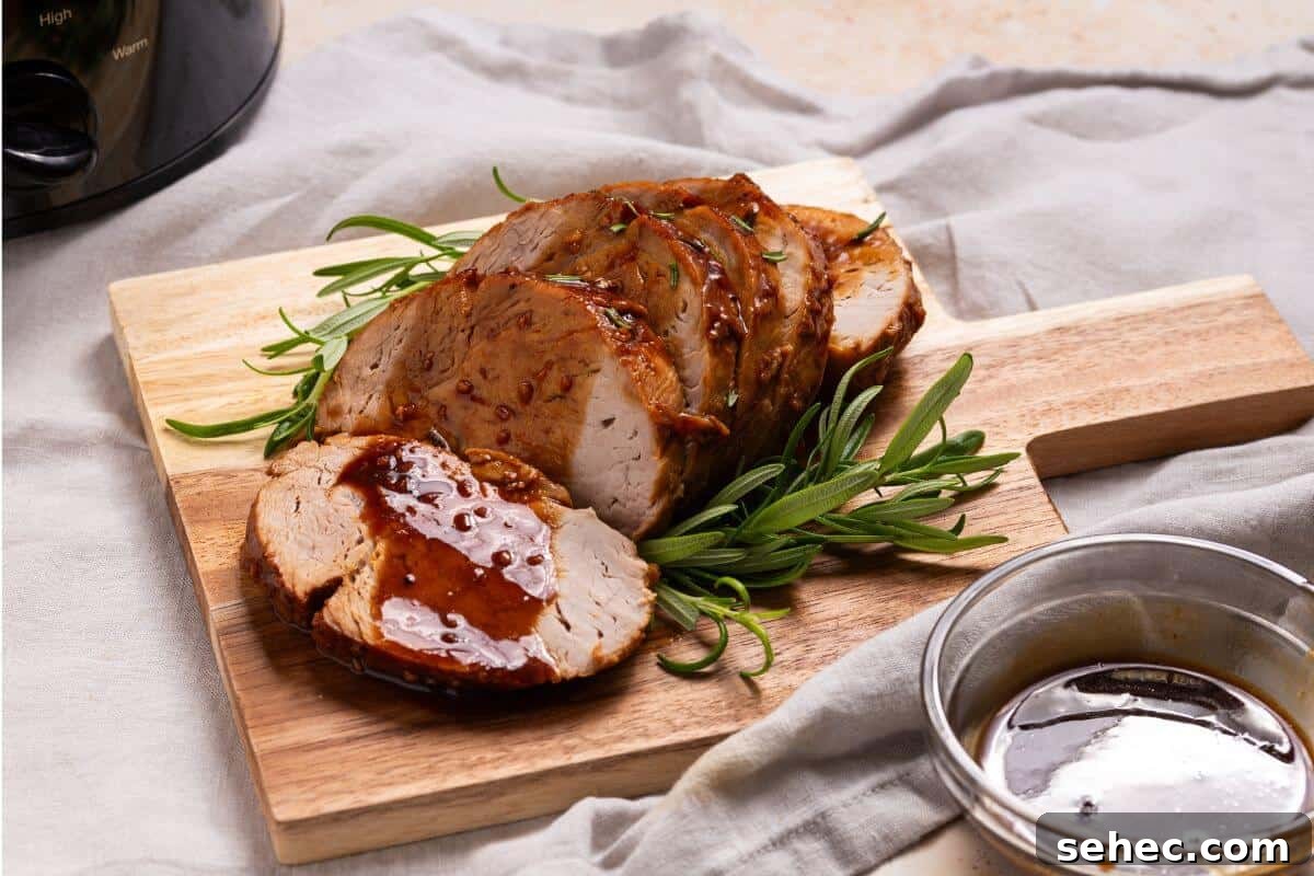 19 Weeknight Dinner Recipes You’ll Want to Cook Again 5 Pork tenderloin on a cutting board next to a slow cooker.