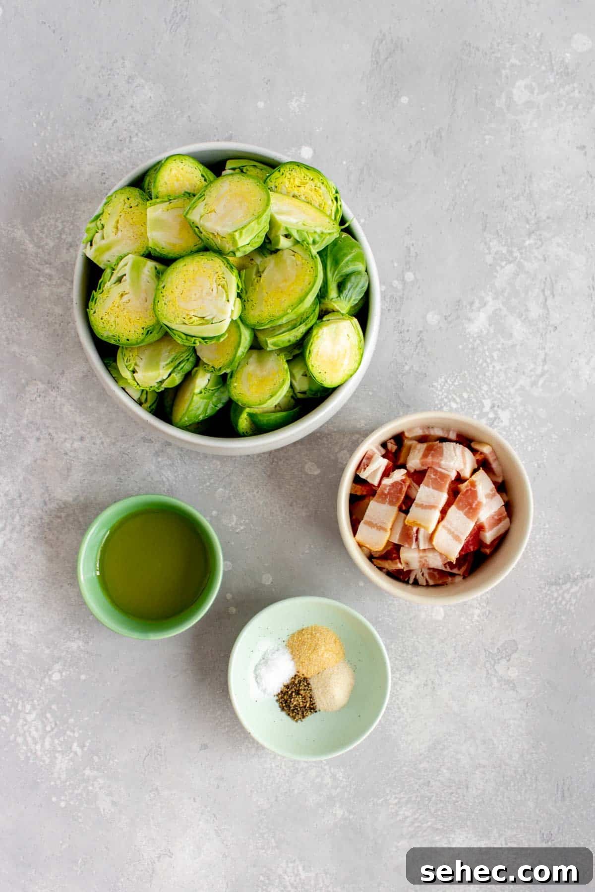 Crispy Air Fryer Brussels Sprouts with Bacon 3 Ingredients needed to make air fryer brussels sprouts and bacon.