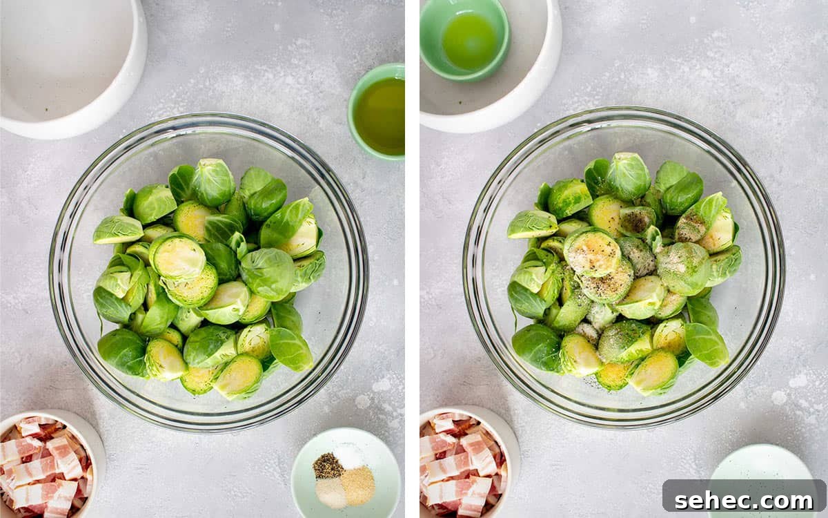 Crispy Air Fryer Brussels Sprouts with Bacon 4 Set of two photos showing brussels sprouts added to a bowl and oil with salt and pepper added.
