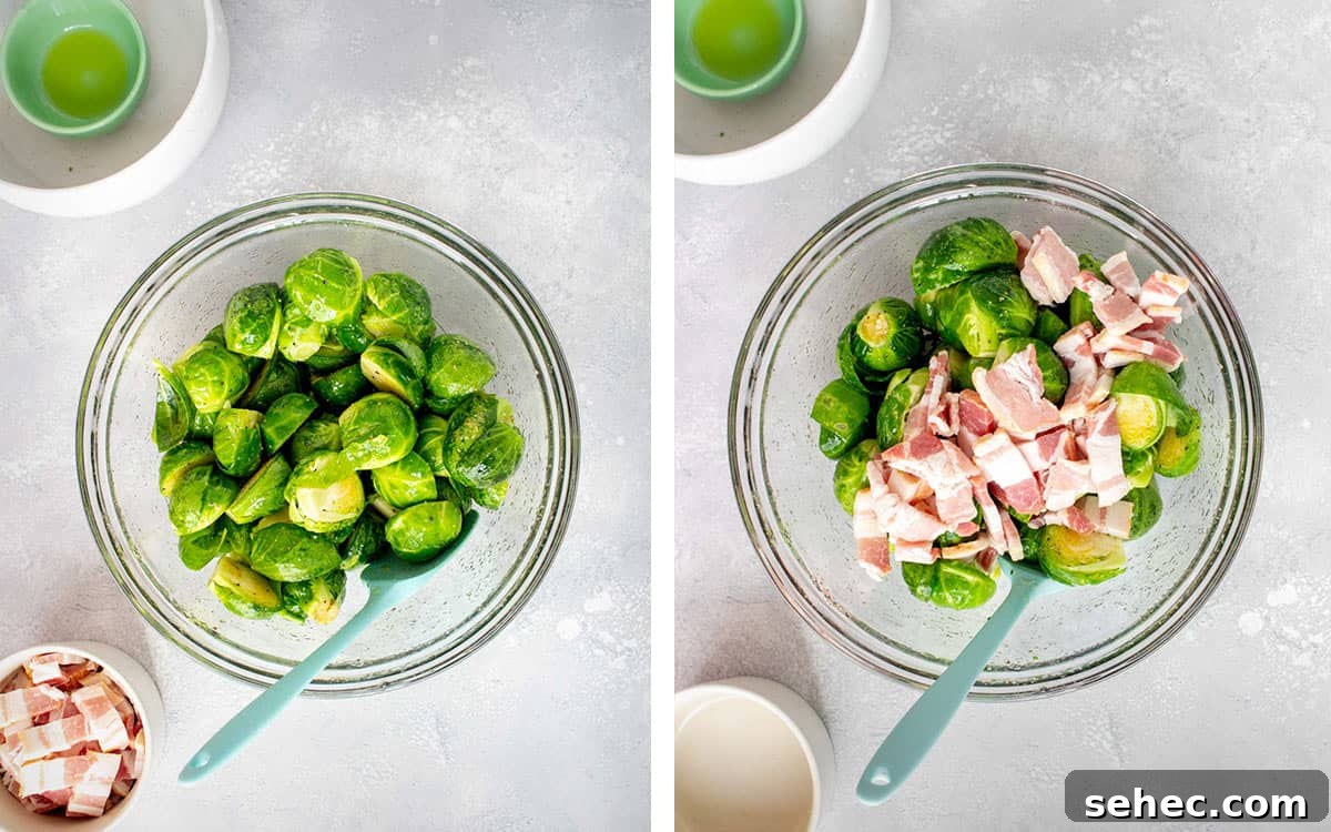 Crispy Air Fryer Brussels Sprouts with Bacon 5 Set of two photos showing mixed brussels sprouts and chopped bacon added.