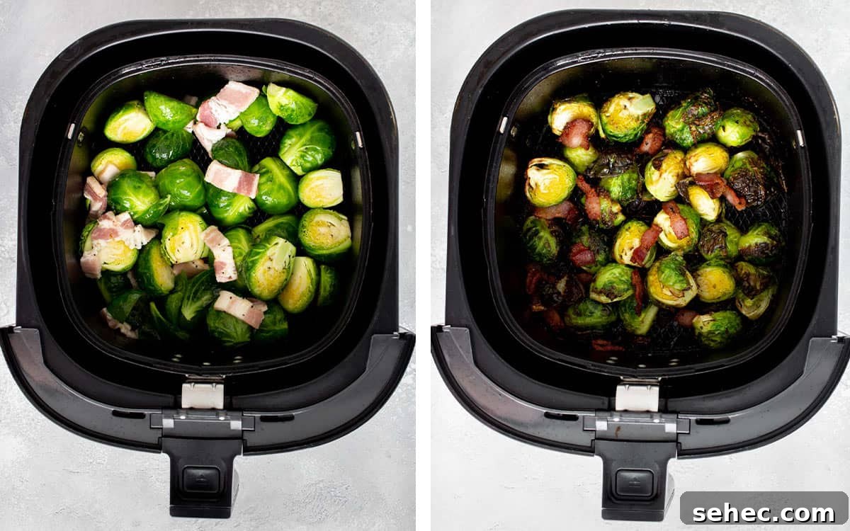 Crispy Air Fryer Brussels Sprouts with Bacon 6 Set of two photos the before and after the ingredients are air fried.