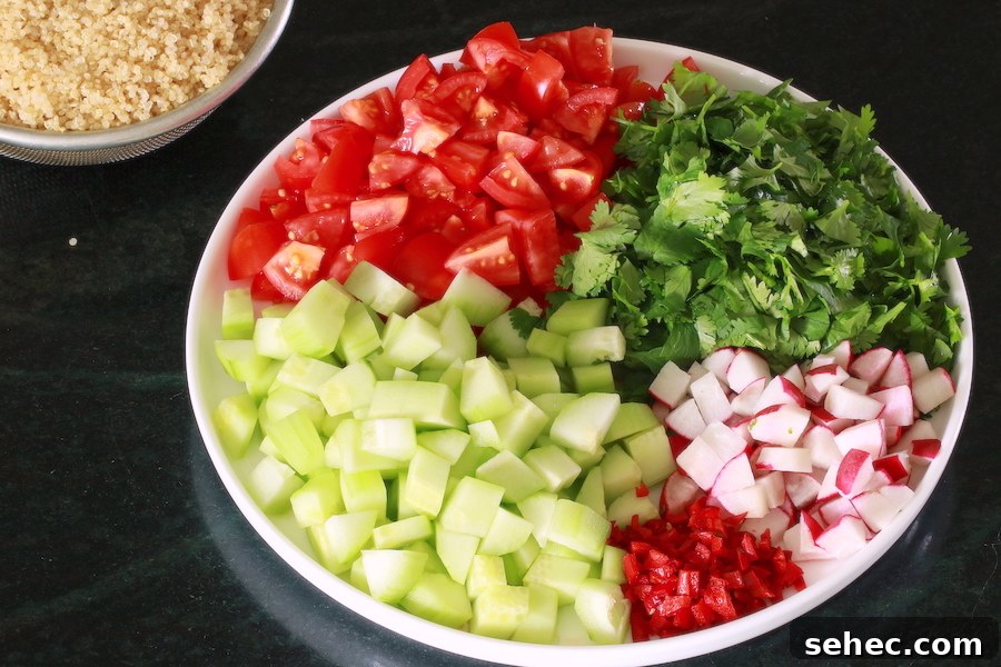 Zesty Quinoa Salad with Lemon Herb Dressing 3 Zesty Quinoa Salad ingredients on a plate before combining with quinoa