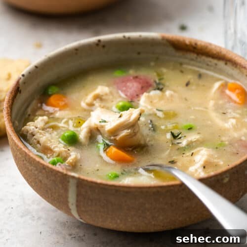 A bowl of chicken pot pie soup with a spoonful being scooped out.